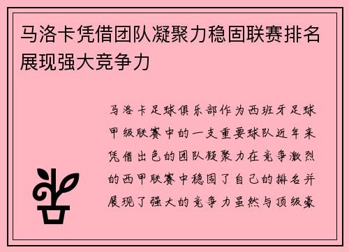 马洛卡凭借团队凝聚力稳固联赛排名展现强大竞争力