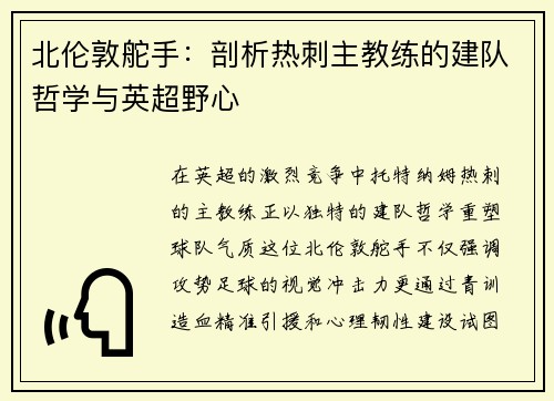 北伦敦舵手：剖析热刺主教练的建队哲学与英超野心