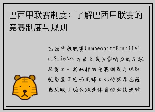 巴西甲联赛制度：了解巴西甲联赛的竞赛制度与规则