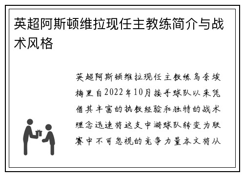 英超阿斯顿维拉现任主教练简介与战术风格