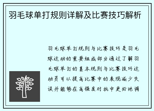 羽毛球单打规则详解及比赛技巧解析